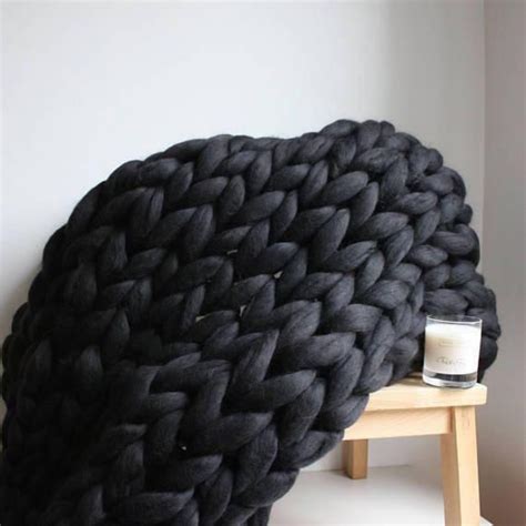 Handmade Chunky Knit Blanket Black Merino Wool Blanketchunky Etsy