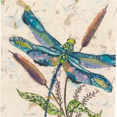 Dragonfly With Cattails Watercolor Batik Painting Dragonfly Lover S