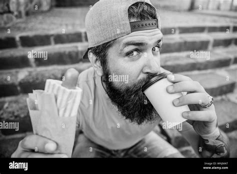 Junk Food Carefree Hipster Eat Junk Food While Sit Stairs Snack For Good Mood Guy Eating Hot