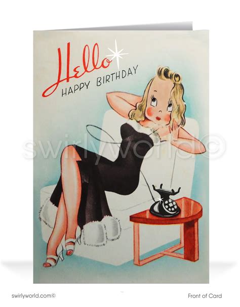 Sexy Woman Retro Vintage Mid Century 1950s Happy Birthday Cards Swirly World Design