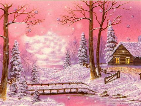 Vintage Christmas Card In Pinks ~ Cabin In Snowy Winter Landscape