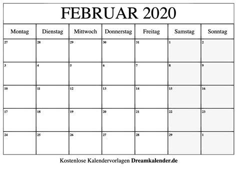 Monatskalender februar 2021 zum ausdrucken. Kalender Februar 2020