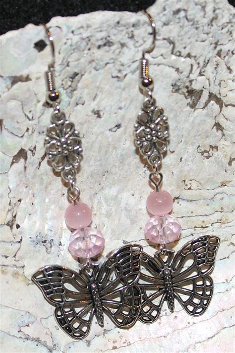 Butterfly And Pink Beads Beaded Jewelry Long Dangle Earrings Beaded