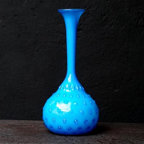 Mid Century 1950s Italian Empoli Bright Blue Cased Glass Handblown Hobnail Vase For Sale At