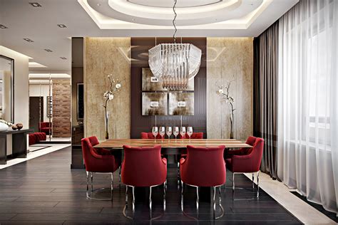 Red Chairs Marble Walls Opulent Dining Room Interior Design Ideas