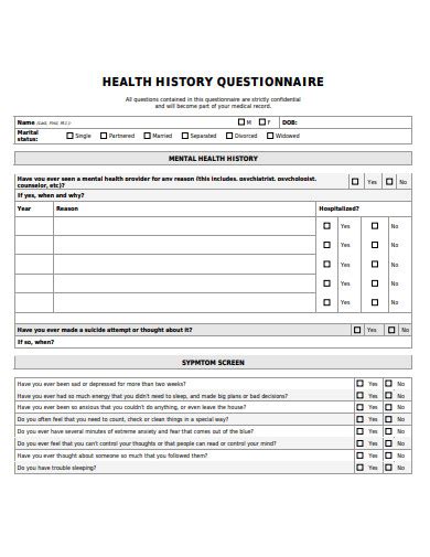 23 Health History Questionnaire Templates In Pdf Microsoft Word