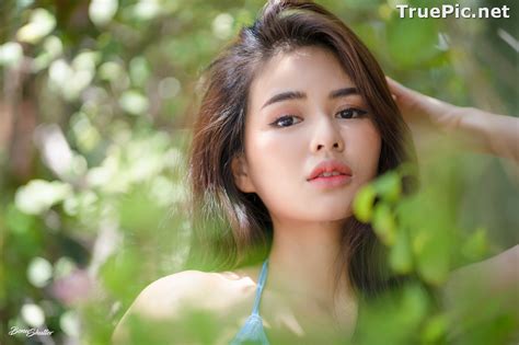 Thailand Model Poompui Tarawongsatit Summer Blue Bikini Set