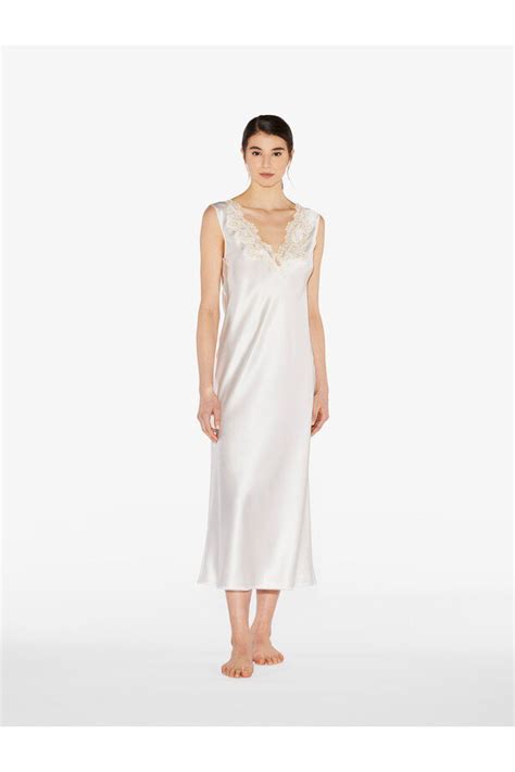 La Perla Silk Satin Long Nightgown With Frastaglio White Editorialist