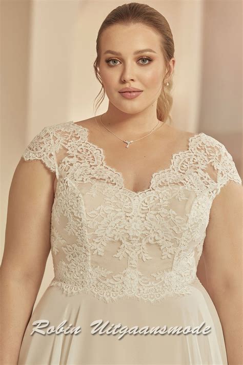 Plus Size Wedding Dress With A Line Skirt And Cap Sleeves