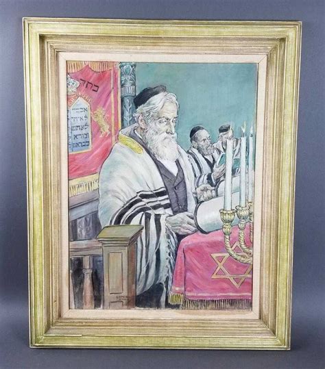 Framed Oil On Canvas Rabbi In Synagogue Reading The