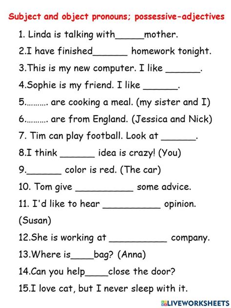 Subject And Object Pronouns Possessive Adjectives Worksheet