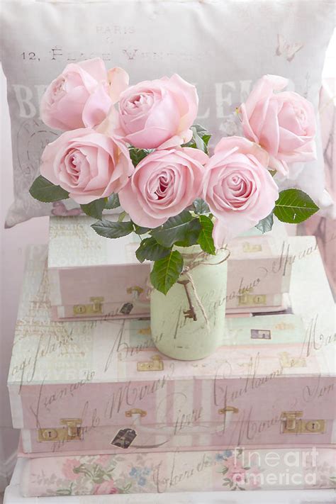 Dreamy Shabby Chic Cottage Pink Teal Romantic Floral Bouquet Roses In