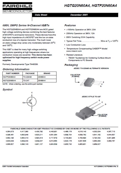 Lot De 4 Transistors Igbt Hgtp20n60a4 Smps Series N Channel 600v 70a To220