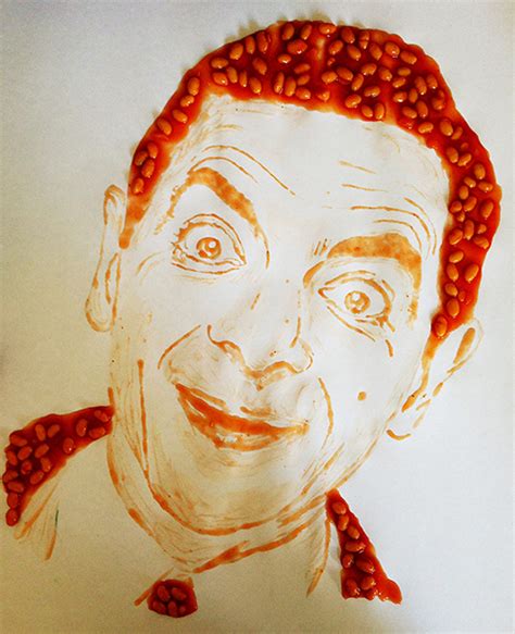 Portrait Of British Actor Rowan Atkinson Movie Star Icon Mr Bean Made Of Baked Beans Art