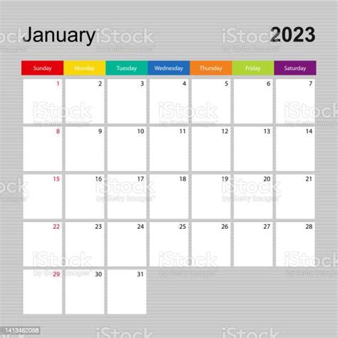 Calendar Page For January 2023 Wall Planner With Colorful Design Week
