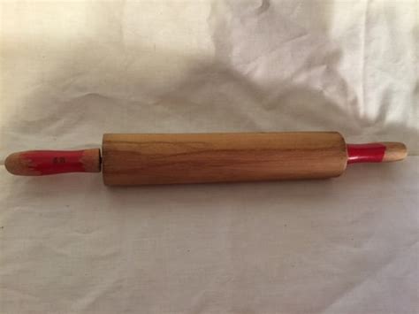 Vintage Kitchen Rolling Pin With Red Handles Maple