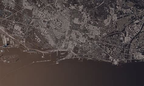 Barcelona Spain City Map 3d Rendering Aerial Satellite View Stock