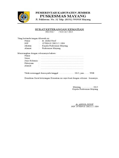 Contoh surat kematian