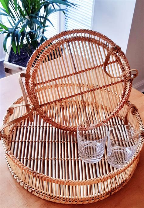Round Bamboo Serving Tray Set Of 2 With Leather Handles Etsy