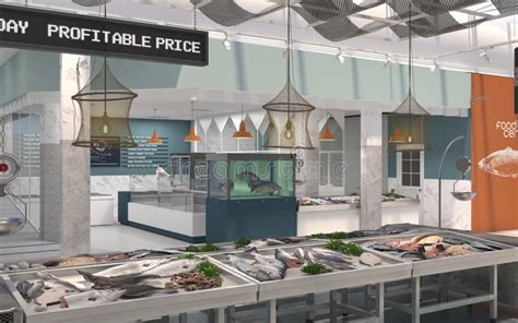 The Interior Of The Shop Fresh Fish And Seafood 3d Render Design