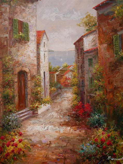 Italian Tuscan Art Mediterranean Painting Village Style Oil on Canvas ...