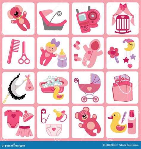 Cute Cartoons Icons For Baby Girlnewborn Set Stock Illustration
