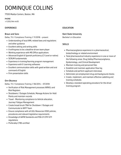 Compliance Training Resume Samples | Velvet Jobs