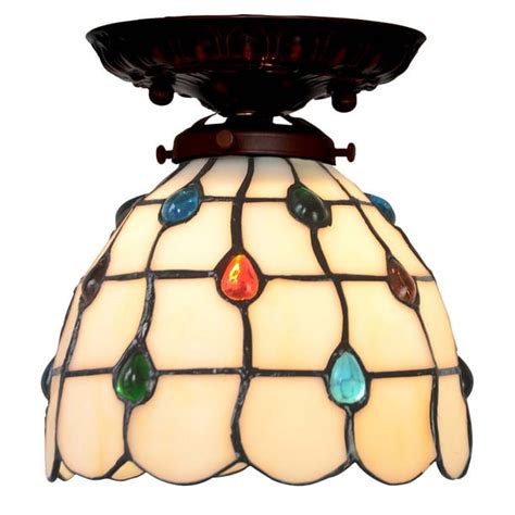 Bieye L10162 7 Inches Pearls Tiffany Style Stained Glass Semi Flush Mount Ceiling Fixture With 1