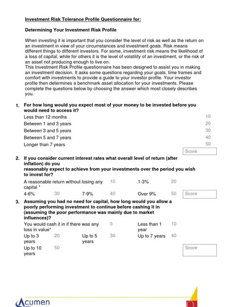 Investment Risk Tolerance Profile Questionnaire Investor Investing