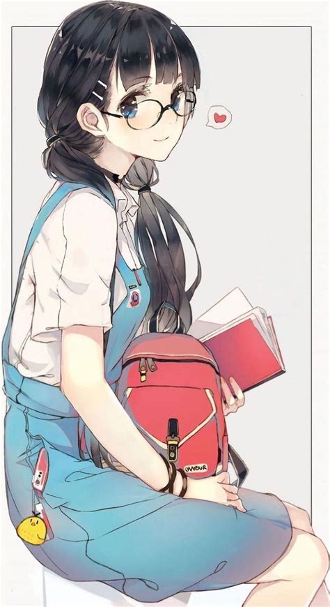 girl sitting on a chair blue onesie red backpack anime drawing ideas black hair colourful