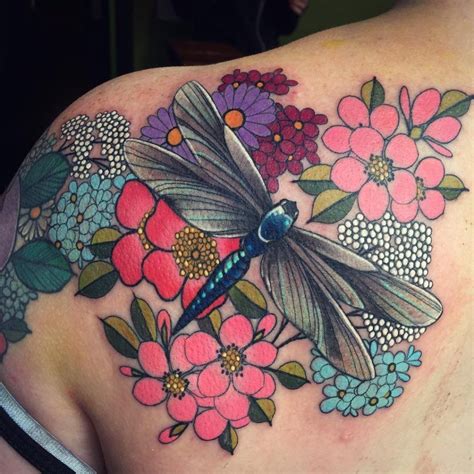 Dragonfly And Flowers Tattoo Dragonfly Tattoo Design Dragonfly