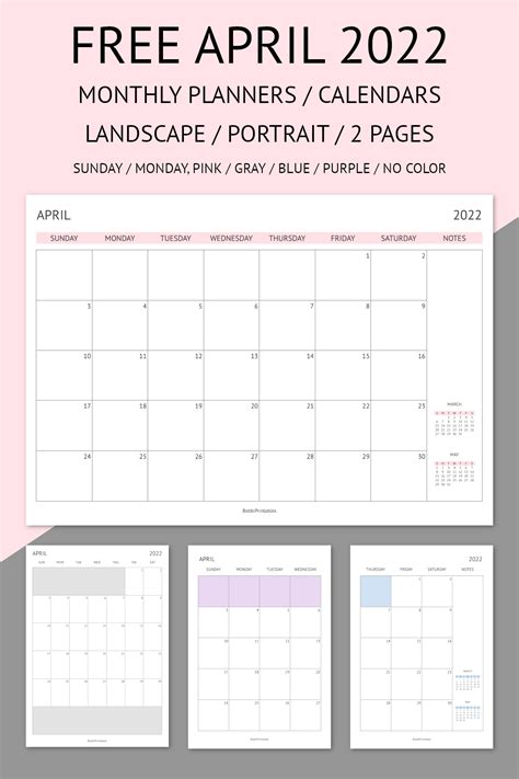 Bobbiprintables — Free Printable April 2022 Monthly Planners