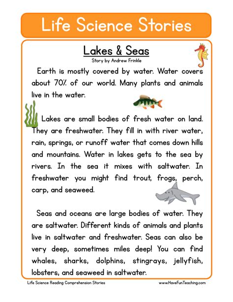 Lakes And Seas Life Science Reading Comprehension Worksheet Have Fun