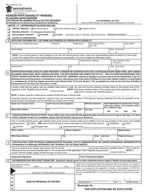 Pa Form Mv 145a 2013 Fill And Sign Printable Template Online Us