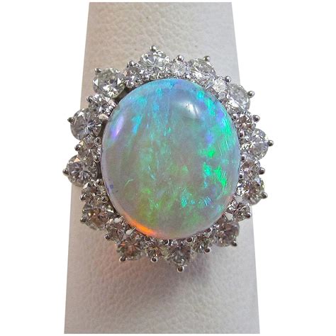 Natural Opal And Diamond 1980s Halo Birthstone Anniversary