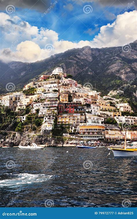 Colorful Houses Built On Seaside Cliff In Positano Amalfi Coast Stock