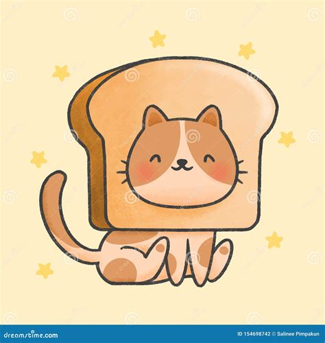 Cute Cat With Bread Hat Cartoon Hand Drawn Style Stock Illustration