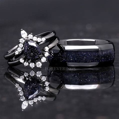 Great Rift Nebula Ring Set His And Hers Wedding Band Black Etsy