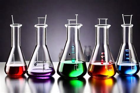Premium Photo Laboratory Glassware With Liquids Of Different Colors With Reflections On Table