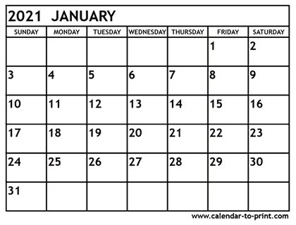 January 2021 calendar is a plain printable calendar. 2021 calendars - Free printable 2021 monthly calendars.