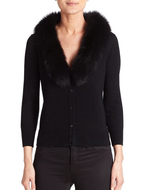 Gates shawl knitted cardigan is convenient because of its height can be adjusted. MILLY Fur-collar Cardigan in Black - Lyst