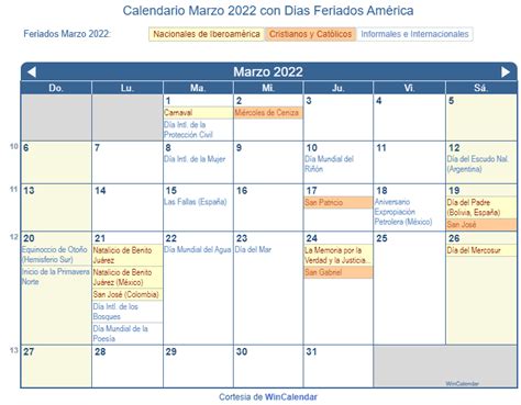 Calendario Marzo 2022 Para Imprimir América