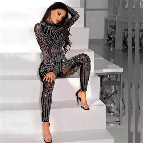 3 colors sexy rhinestone women luxury jumpsuit 2018 elegant knitted designer party jumpsuit in
