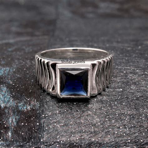 Blue Sapphire Ring For Men Lab Created Sapphire Ring Square Etsy Uk