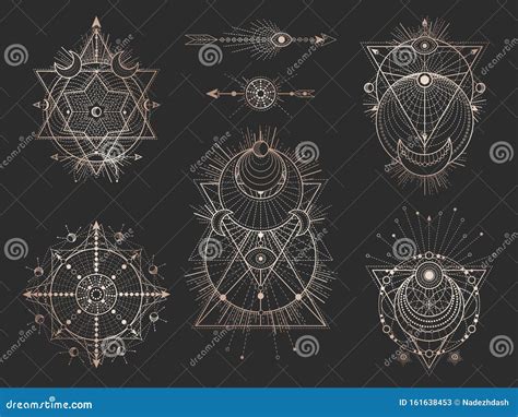 Vector Set Of Sacred Geometric Symbols And Figures On Black Background
