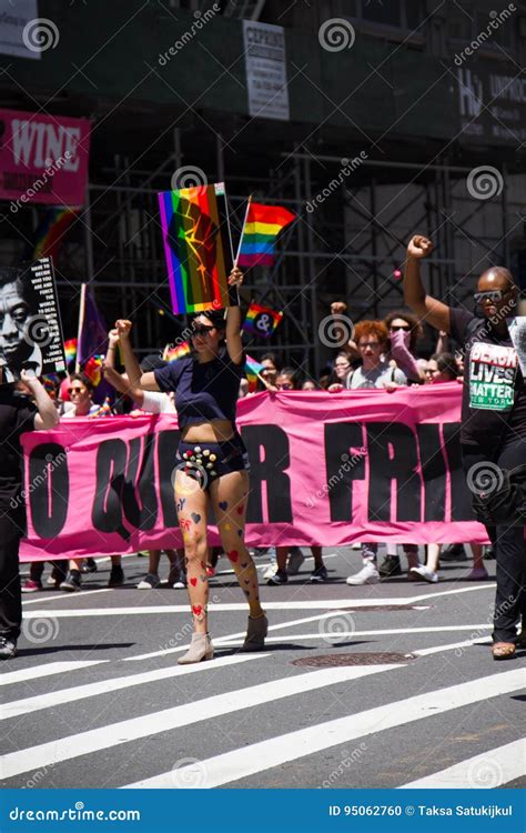 Manhattan New York June 2017 Pink Banner In The Gay Pride Parade