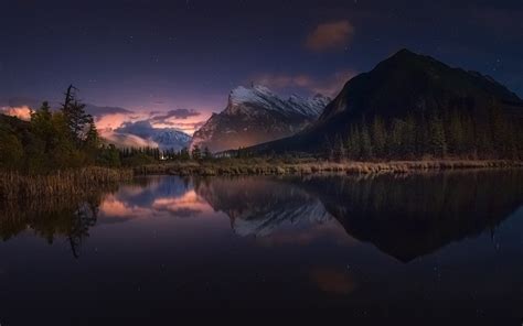 Nature Landscape Starry Night Lake Mountains Reflection Forest