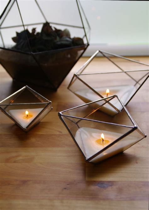 Set Of 3 Glass Candle Holders Facets Geometric Handmade Candles By