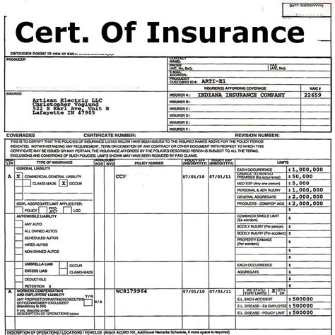 Certificate Of Insurance Form Template