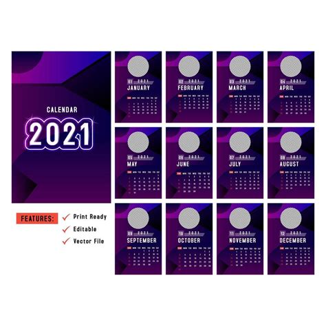 Purple Vertical 2021 Calendars With Circle Image Space 1221120 Vector